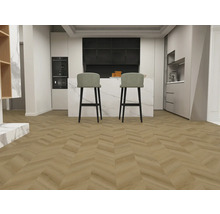 Moderne Küche mit zwei Barhockern und Fischgrätparkett