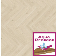 Heller Laminatboden im Fischgrätmuster mit Aqua Protect Siegel