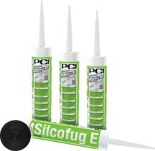 Mehrere Kartuschen PCI Silcofug E Dichtstoff und eine schwarze Dichtstoffprobe.
