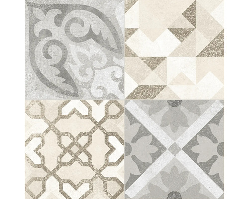 Bild von vier verschiedenen Fliesen mit geometrischen und floralen Mustern.
