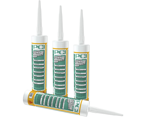 Vier Kartuschen PCI Silcoferm S Silikon-Dichtstoff.