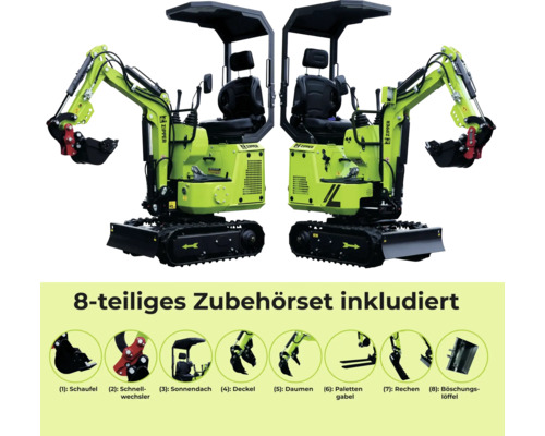 Zwei Minibagger mit 8-teiligem Zubehörset, inklusive Schaufel, Schnellwechsler, Sonnendach, Deckel, Daumen, Palettengabel, Rechen und Böschungslöffel