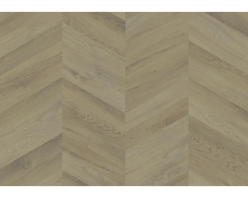 Laminatboden mit Holzoptik und Chevron-Muster.