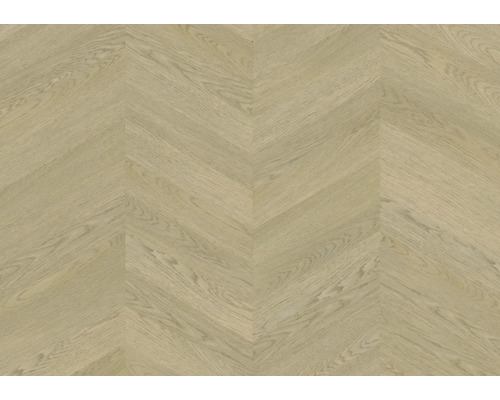 Bodenbelag mit Chevron-Muster in heller Eichenoptik und feiner Holzmaserung.