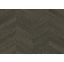 Dunkelgrauer Bodenbelag in Holzoptik mit Chevron-Muster.
