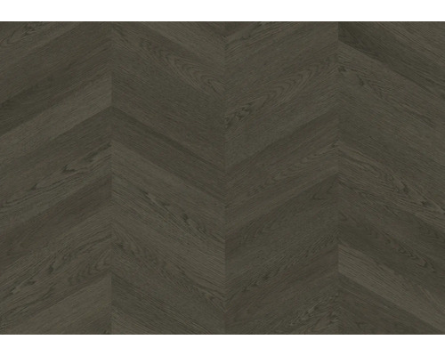 Dunkelgrauer Bodenbelag in Holzoptik mit Chevron-Muster.