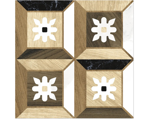 Dekorative Fliese mit floralem Muster und Holzoptik