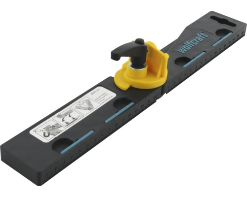 Wolfcraft Winkellehre und Schneidführung mit Millimeterskala, gelbem Feststellhebel und Wolfcraft Logo.