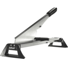 Wolfcraft Laminatschneider aus Metall mit schwarzem Griff und Standfüßen.