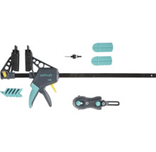 Wolfcraft Einhandzwinge mit Zubehörset bestehend aus Bohrer, Schutzkappen und Adaptern.