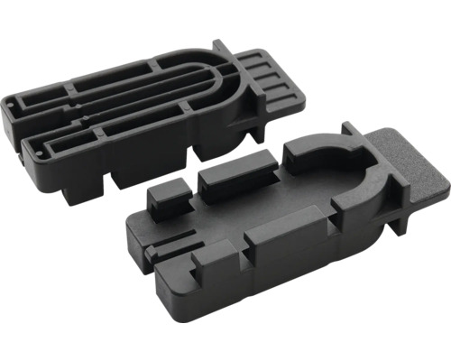 Zwei schwarze Montageelemente aus Kunststoff mit rechteckiger Form, Schlitzen und Führungsschienen für Möbel oder Fenster.