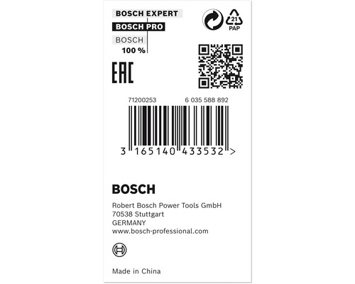 Bosch Experte, Bosch Pro, Bosch 100 Prozent, Europäische Konformitätsbescheinigung, Papier-Recycling-Symbol, Barcode, QR-Code, Bosch Firmeninformationen, Hergestellt in China