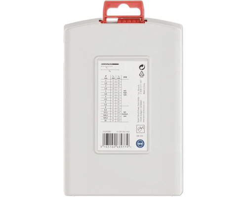 Rückseite einer Kunststoffbox für Bohrer mit rotem Griff, Maßtabelle, Drehzahlen sowie Hinweisen zu Augenschutz und Kühlung.