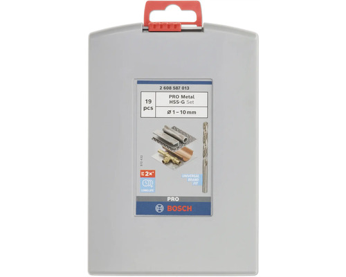 Bosch Metallbohrer-Set HSS-G, 19-teilig, Durchmesser 1 bis 10 Millimeter, langlebig, universell passend in grauer Kunststoffkassette. Bosch Logo.