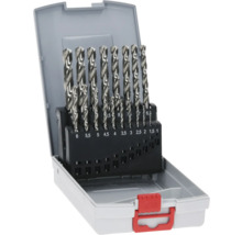 Spiralbohrer-Set aus Stahl in einer grauen Kunststoffbox mit rotem Verschluss und Größenmarkierungen.