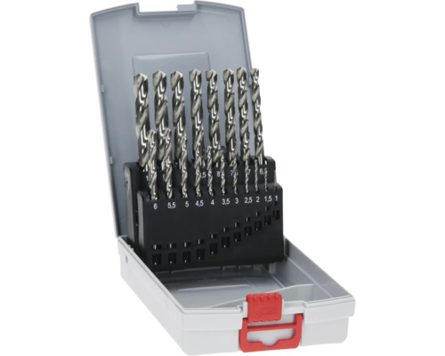 HSS-G 135 Kassette Pro Box Bosch 19-tlg Spiralbohrer-Set aus Stahl in einer grauen Kunststoffbox mit rotem Verschluss und Größenmarkierungen.