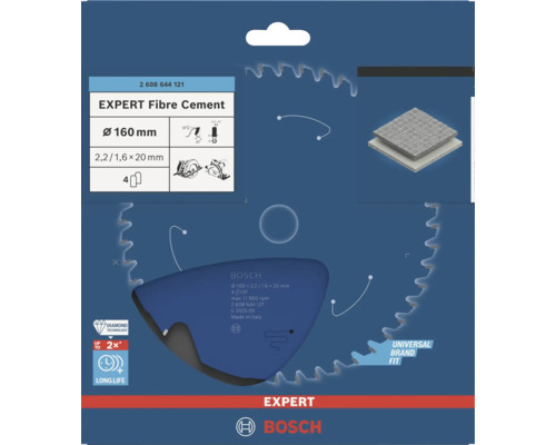 Bosch Kreissägeblatt Expert Fibre Cement, Durchmesser 160 Millimeter, Bohrung 20 Millimeter, 4 Zähne, für Faserzement.
