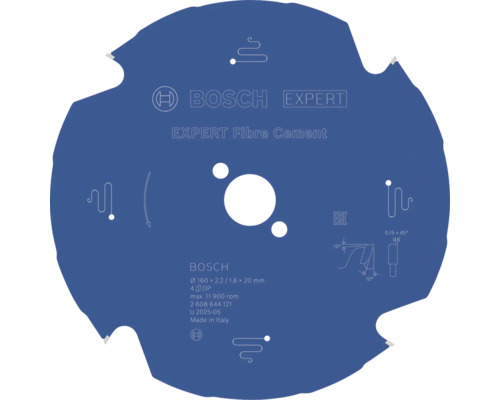 Bosch Kreissägeblatt Expert Fibre Cement für Faserzement, Durchmesser 160 Millimeter, Bohrung 20 Millimeter, 4 Zähne, Bosch Logo.