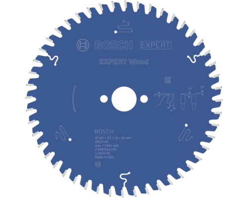 Bosch Logo, Kreissägeblatt Expert Wood, Durchmesser 160 Millimeter, Bohrung 20 Millimeter, 48 Zähne, Hartmetall.