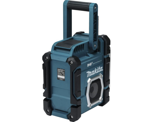 Makita DMR112 Baustellenradio mit Digital Audio Broadcasting plus, Bluetooth, Tragegriff und Makita Logo.