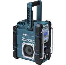 Makita Baustellenradio mit Digital Audio Broadcasting Plus, Bluetooth, Tragegriff, Schutzbügeln und digitaler Anzeige.