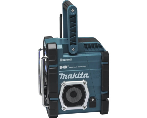 Makita Baustellenradio mit Bluetooth, DAB+ Digital Audio Broadcasting, robustem Gehäuse und Tragegriff.