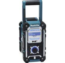Makita Baustellenradio mit Bluetooth, DAB plus, UKW, Digitalanzeige, Tragegriff und robustem Gehäuse.