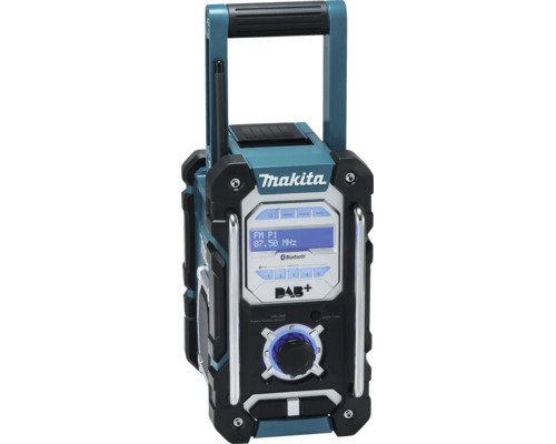 Makita Baustellenradio mit Bluetooth, DAB plus, UKW, Digitalanzeige, Tragegriff und robustem Gehäuse.