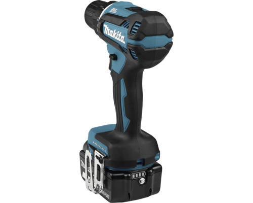 Makita Akku-Bohrschrauber mit bürstenlosem Motor, ergonomischem Handgriff, Gürtelclip und aufgestecktem Akku mit Ladestandsanzeige.