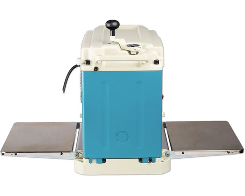 Dickenhobelmaschine mit blauem Gehäuse, weißen Elementen und seitlichen Metall-Verlängerungstischen.