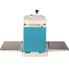 Dickenhobelmaschine mit blauen Seitenwänden, beigem Gehäuse und zwei Metall-Auflagetischen.