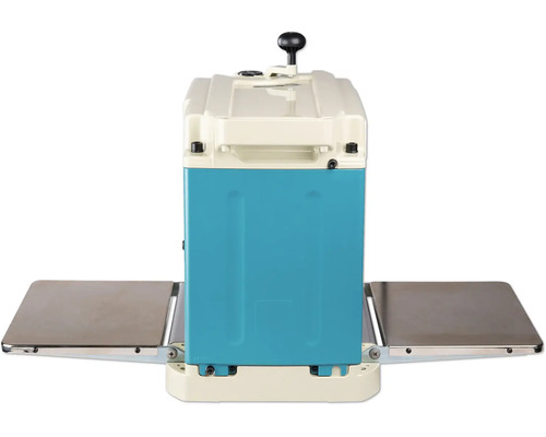Dickenhobelmaschine mit blauen Seitenwänden, beigem Gehäuse und zwei Metall-Auflagetischen.