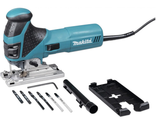 Makita Stichsäge mit Zubehörset bestehend aus Sägeblättern, Innensechskantschlüssel, Absaugstutzen und Gleitschuh.