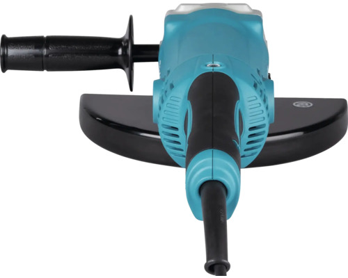 Winkelschleifer mit Seitengriff und Schutzhaube, blaues Gehäuse mit schwarzen Elementen.