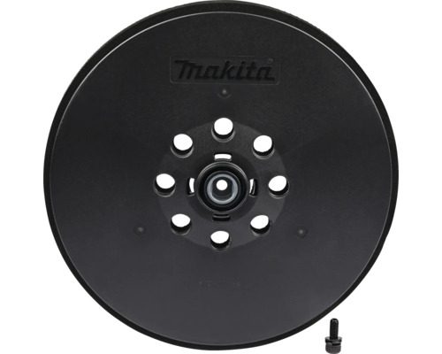Makita Schleifteller für Exzenterschleifer mit acht Absauglöchern und Befestigungsschraube. Makita Logo.