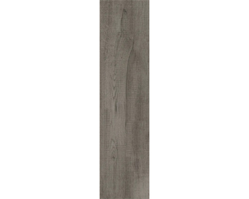 Bodenbelag in Holzoptik mit Maserung und Astlöchern, Laminat oder Vinyl, Graubraun.