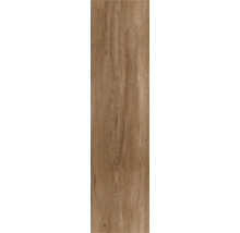 Braune Bodenfliese in Holzoptik mit natürlicher Maserung.