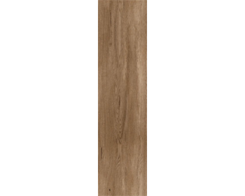 Braune Bodenfliese in Holzoptik mit natürlicher Maserung.