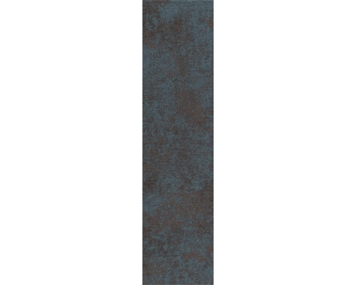 Teppichdiele mit Schlingenoberfläche und abstraktem Muster in Dunkelgrau und Blau.