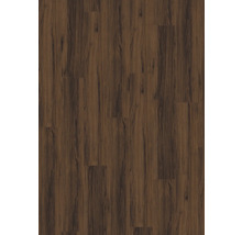 Dunkelbrauner Laminatboden in Holzoptik mit Maserung und Astlöchern im Dielenformat.