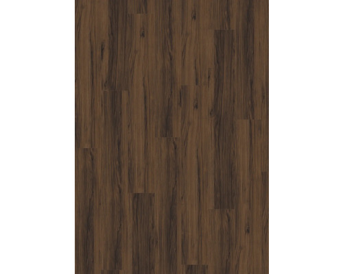 Dunkelbrauner Laminatboden in Holzoptik mit Maserung und Astlöchern im Dielenformat.