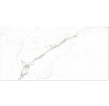 Bodenfliese aus Feinsteinzeug in weißer Marmor-Optik mit grauer Maserung.