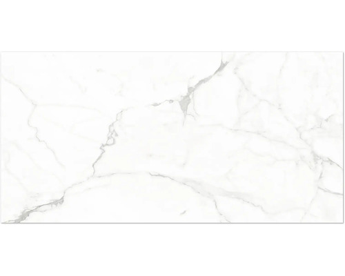 Fliese in Marmoroptik mit grauer Maserung.