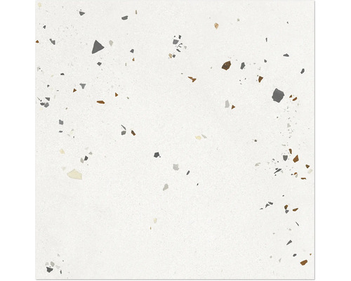 Bodenfliese in Terrazzo-Optik mit grauen und braunen Steineinschlüssen.