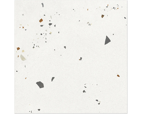 Feinsteinzeug Fliese in Terrazzo-Optik mit grauen und braunen Einschlüssen auf hellem Grund.