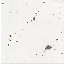Feinsteinzeugfliese in Terrazzo-Optik mit unregelmäßigen Steineinschlüssen.