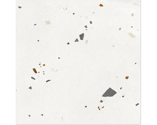 Feinsteinzeugfliese in Terrazzo-Optik mit unregelmäßigen Steineinschlüssen.