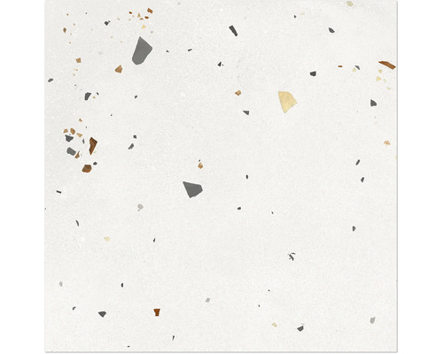 Feinsteinzeugfliese in Terrazzo-Optik mit grauen und braunen Einschlüssen.