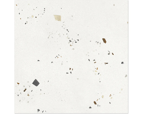 Feinsteinzeugfliese mit Terrazzo-Effekt und farbigen Einschlüssen.