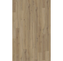 Laminatboden in Eichenoptik mit natürlicher Maserung und Astlöchern in Beige-Braun.